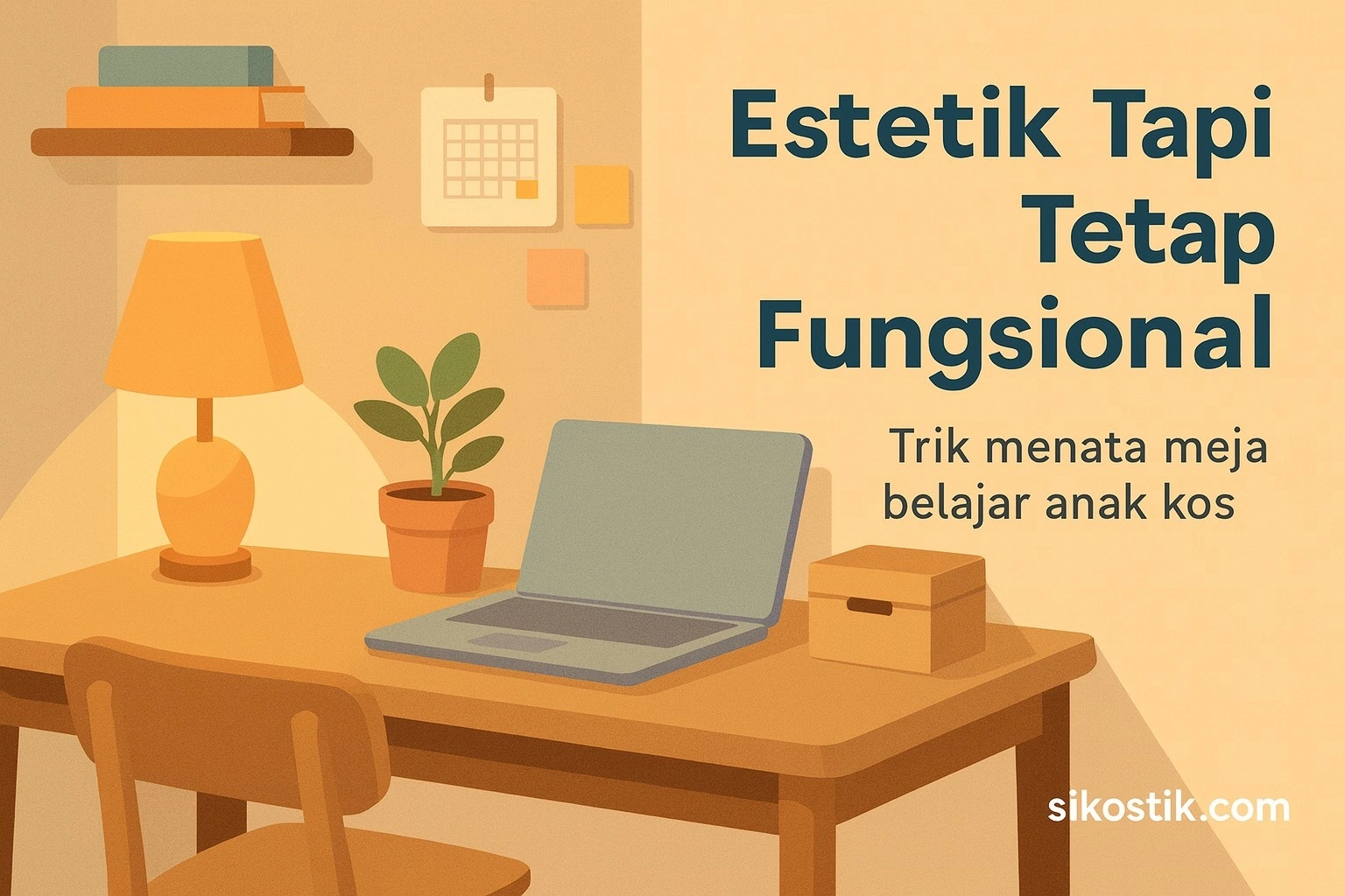 Meja belajar anak kos yang estetik dan hemat ruang, dilengkapi lampu belajar minimalis dari Sikostik untuk sudut kamar yang rapi dan fungsional.
