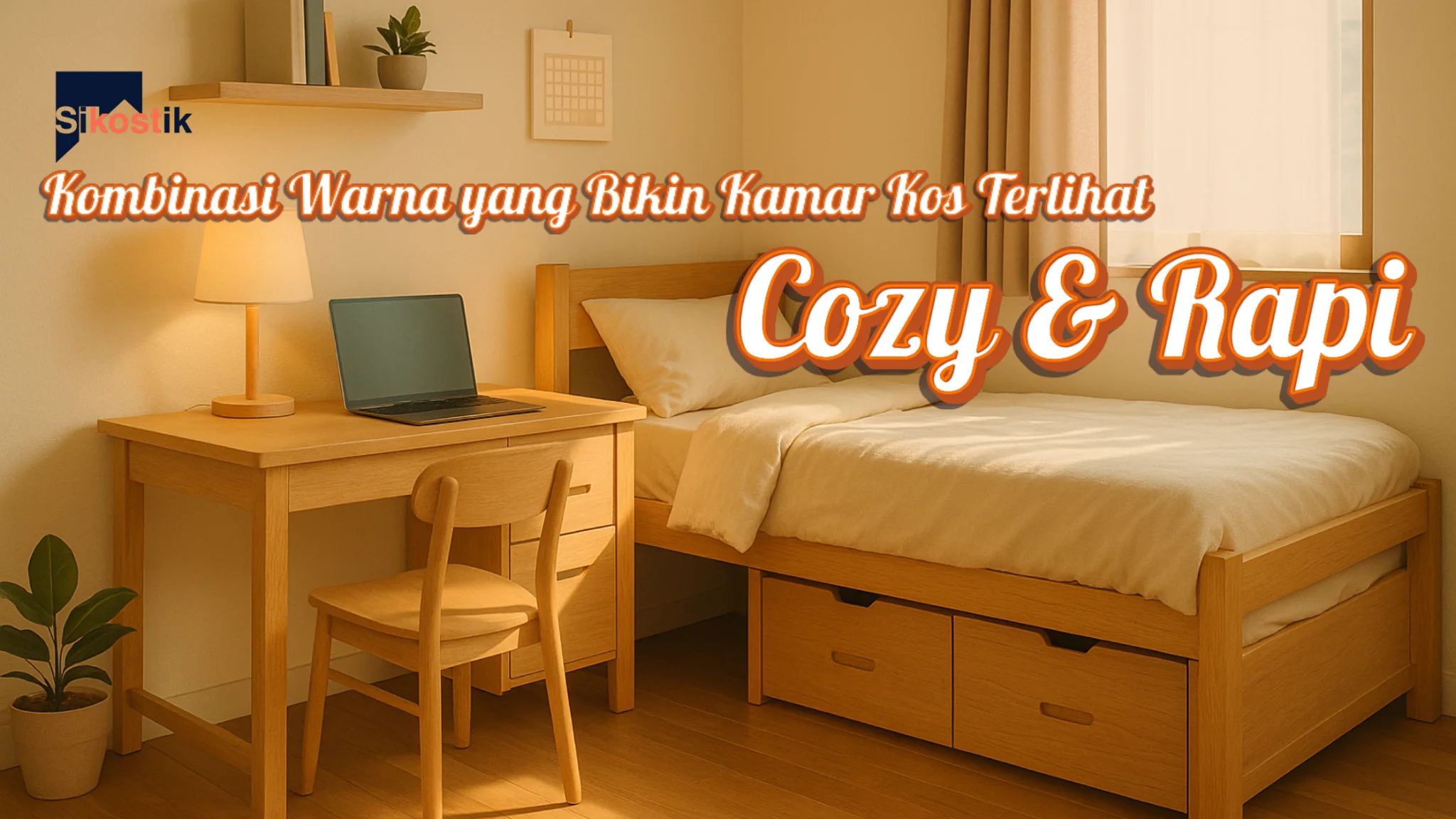 Kombinasi warna kamar kos cozy dan rapi dengan furniture Sikostik yang estetik dan fungsional.