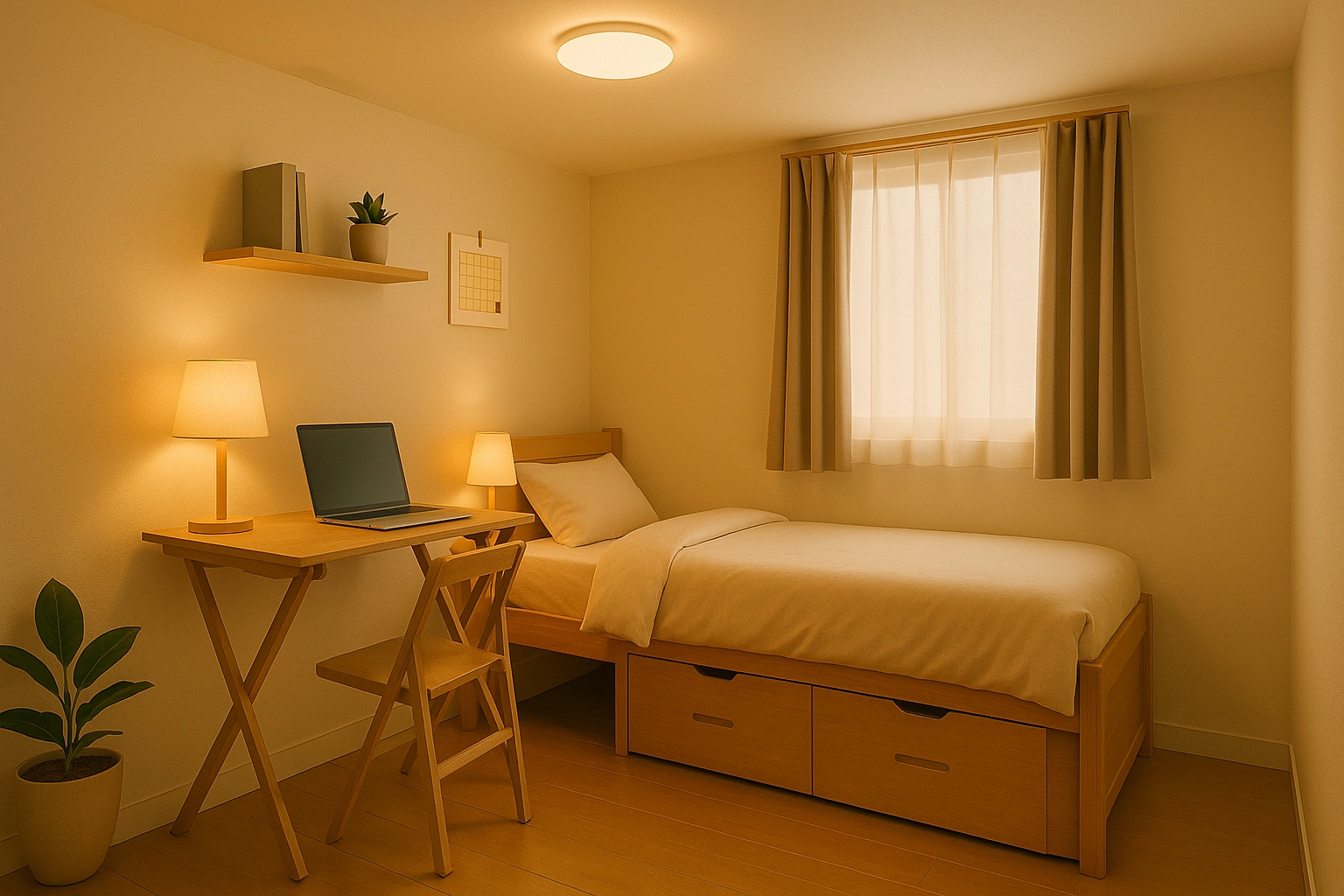 Tips hemat listrik anak kos dengan lampu LED hemat energi dari Sikostik, kamar kos cozy minimalis ukuran 3x3.