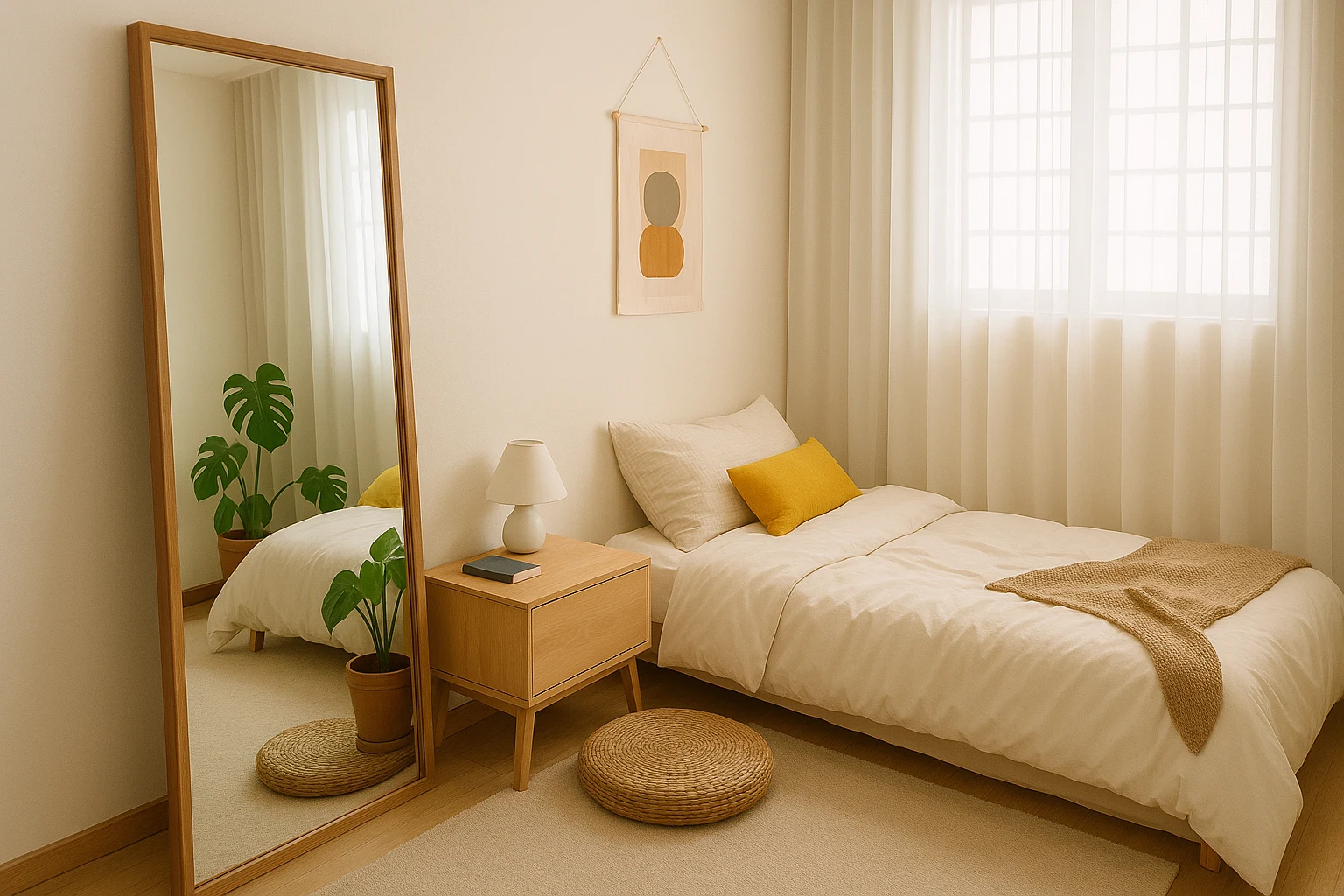 cermin kamar kos estetik dengan standing mirror minimalis dari Sikostik