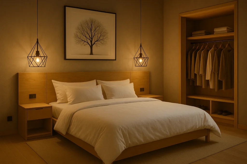 Interior kamar kos minimalis dengan headboard kayu dan dekorasi lampu gantung unik ala Sikostik.