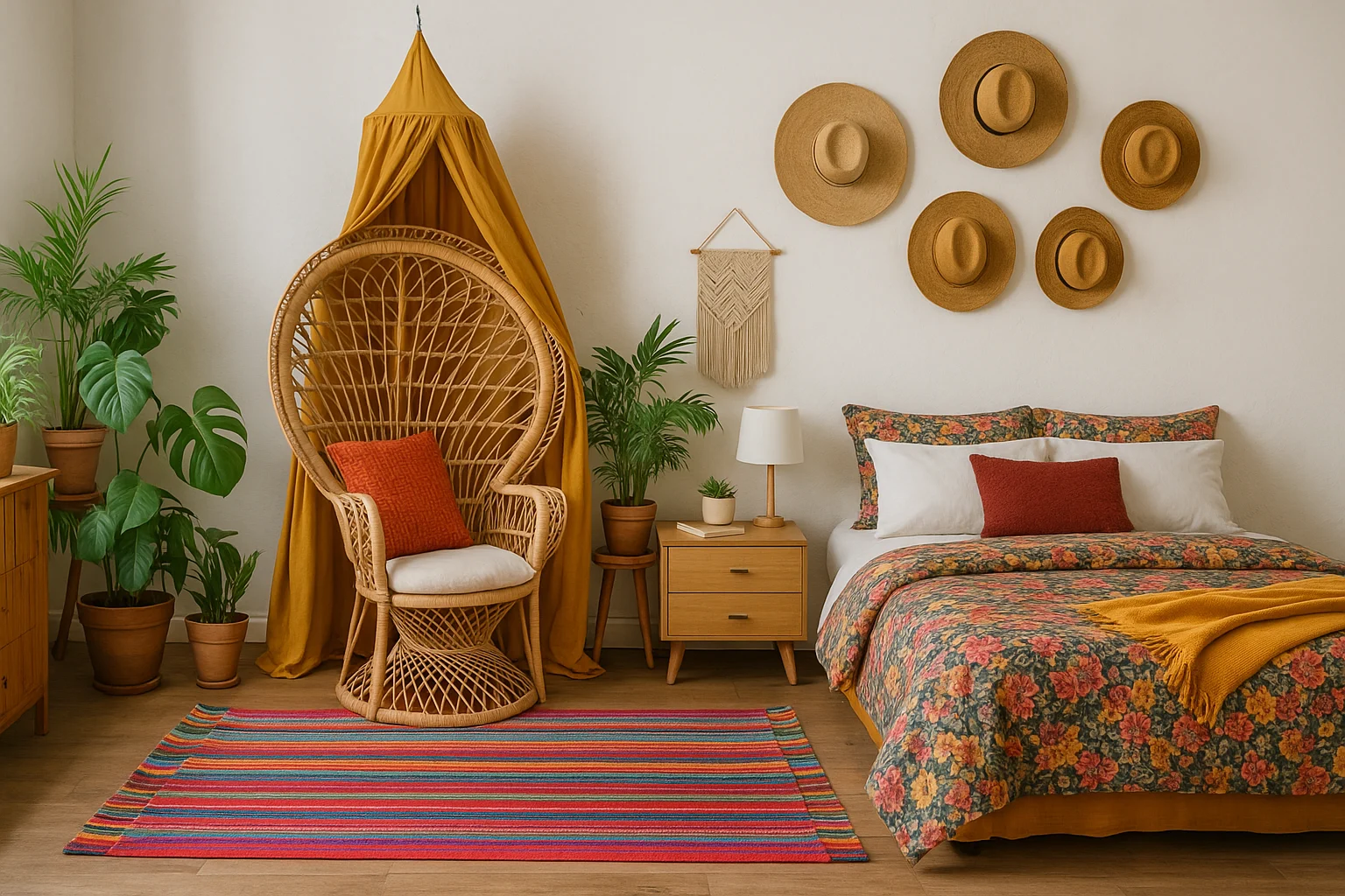 kamar kos bergaya bohemian dengan karpet motif dan lampu gantung estetik dari Sikostik
