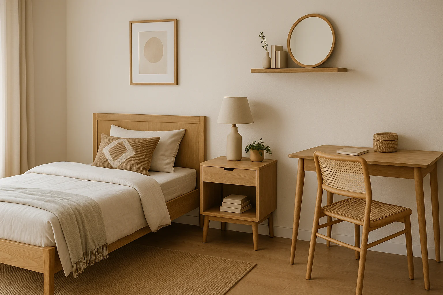 kamar kos bergaya Japandi dengan rak kayu dan furniture multifungsi estetik dari Sikostik
