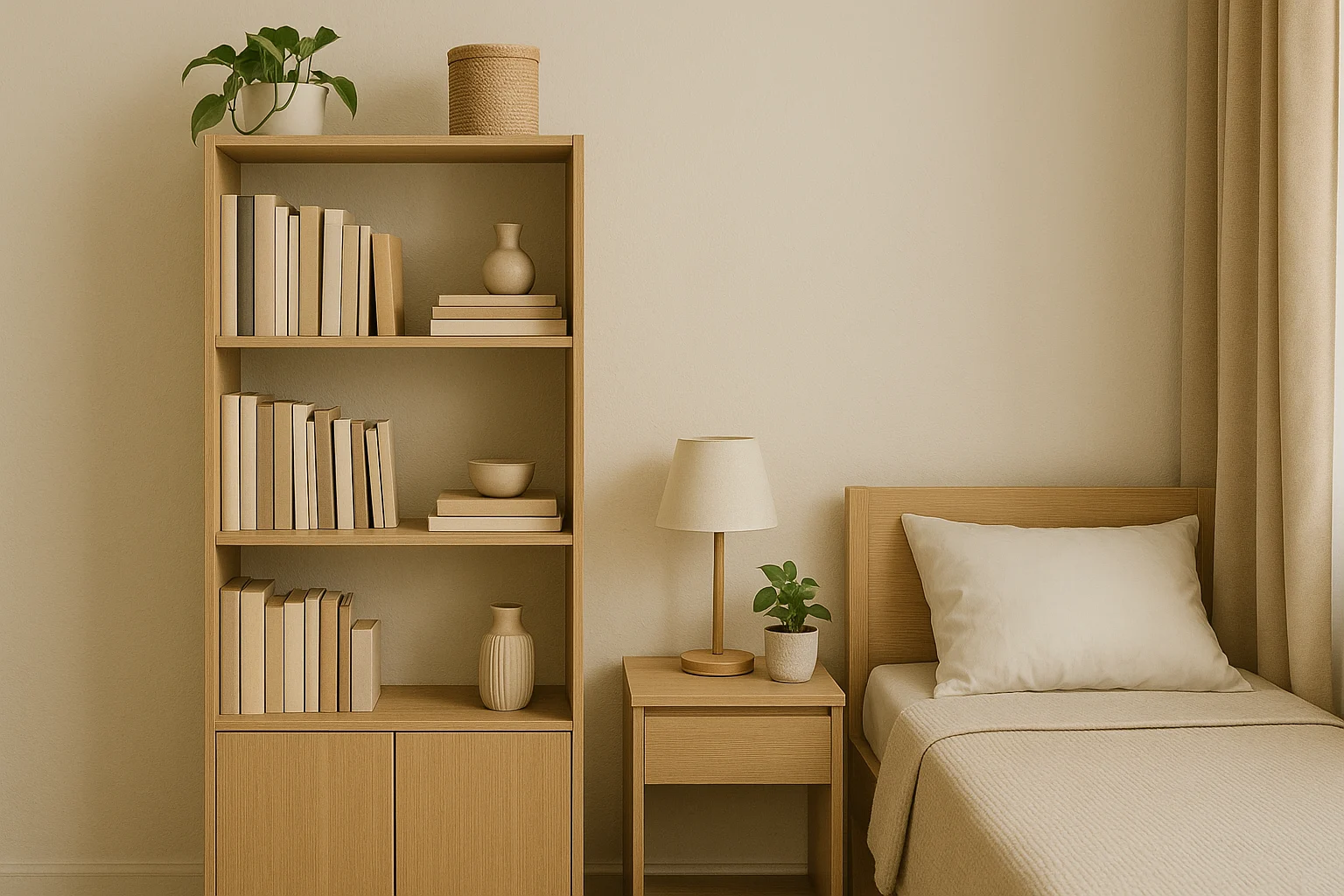 Rak buku estetik minimalis di kamar kos dengan rak bertingkat dan lampu meja dari Sikostik