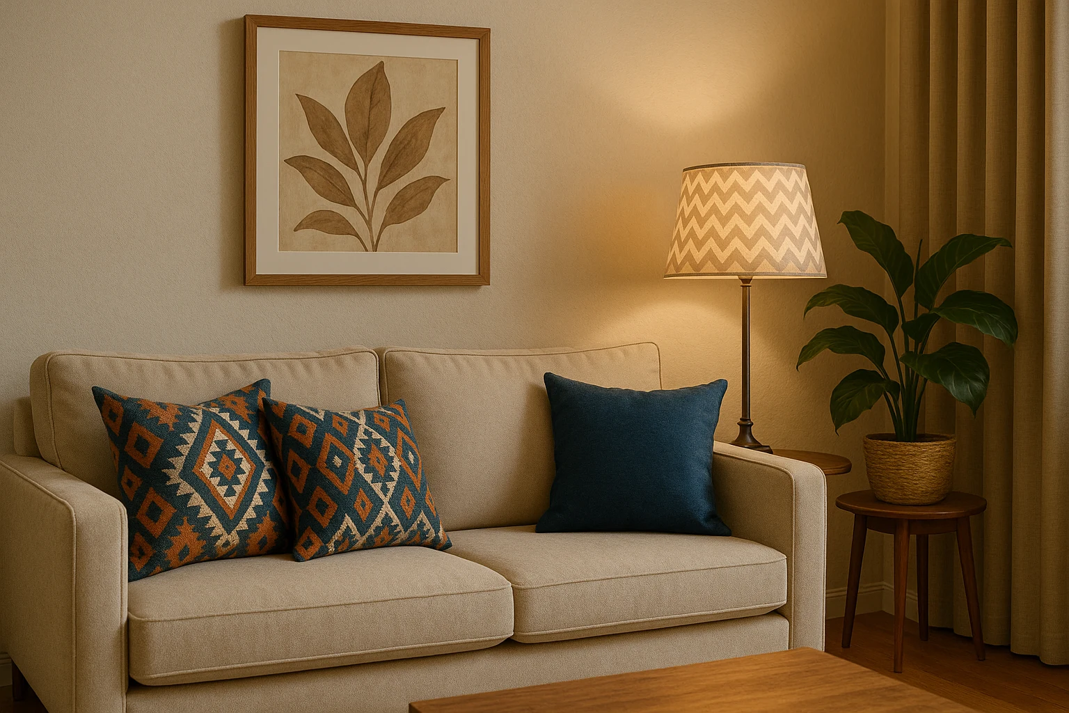 Desain ruang tamu kos minimalis dengan sofa kain dan lampu motif zig-zag khas Sikostik.
