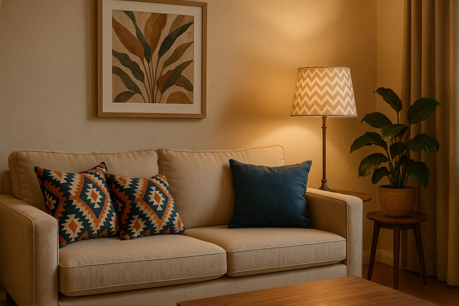 Sofa krem dengan bantal motif etnik dan lampu berdiri estetik di sudut ruang, inspirasi dekorasi Sikostik.