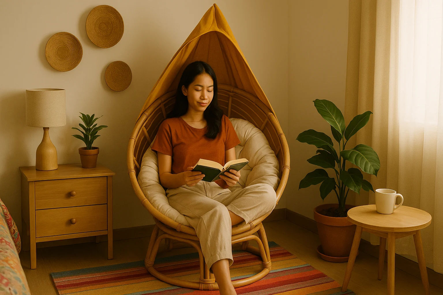 Sudut santai anak kos dengan bean bag estetik dan lampu hias dari Sikostik di kamar minimalis